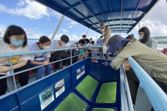 Enjoying the astonishing view of the local coral communities at Hoi Ha Wan Marine Park in the glass bottom boat.